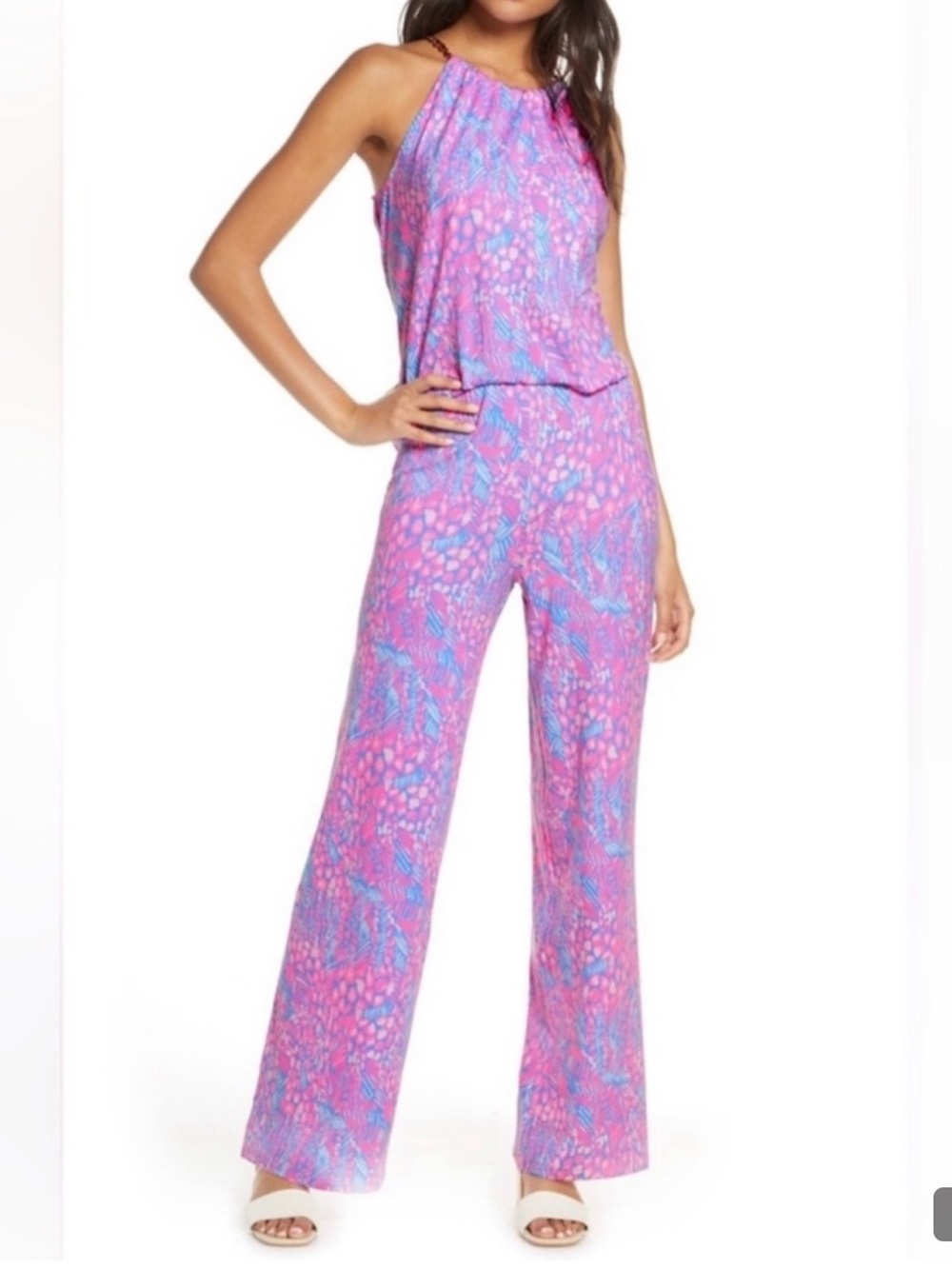 Lilly Pulitzer Pink & Blue Floral Halter Romper Jumpsuit with Gold Chain Straps